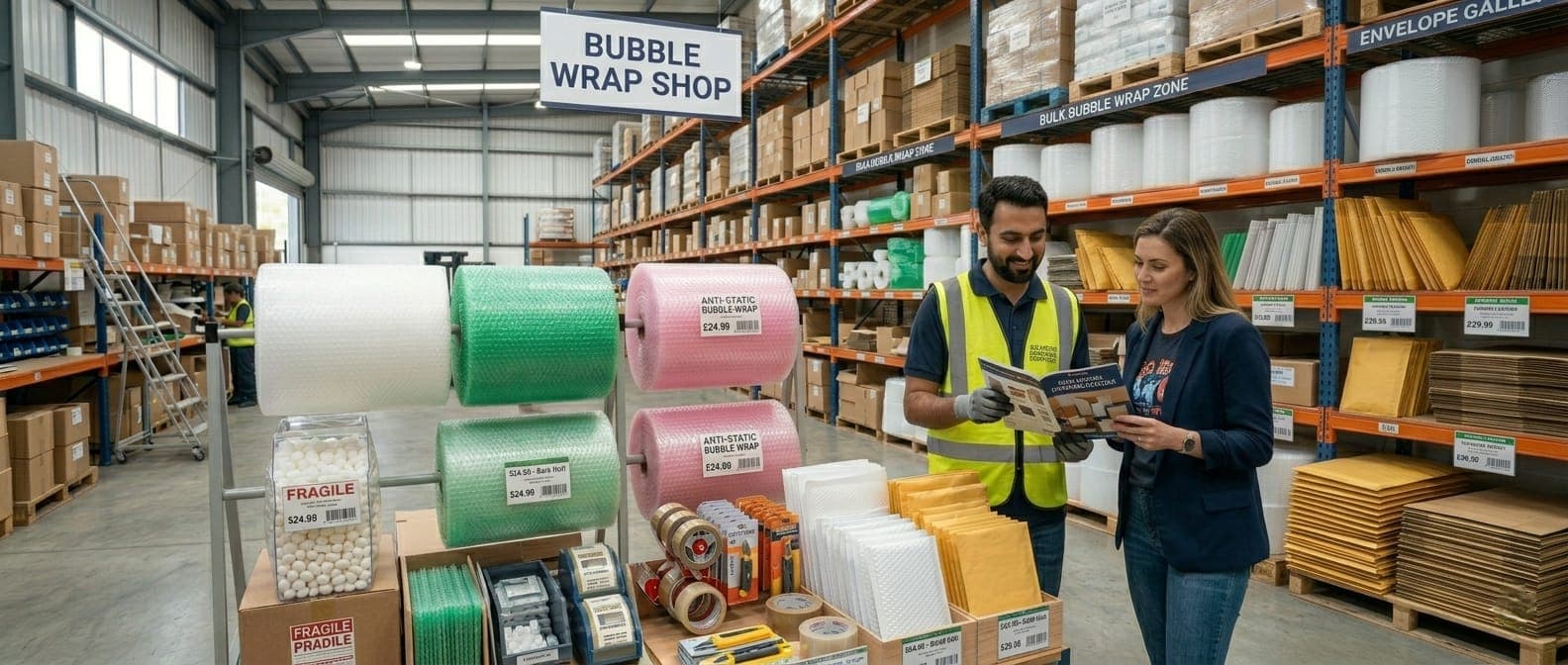 Banner Image ubble Wrap Shop warehouse banner showing high-quality packaging supplies, bubble wrap rolls, and mailing envelopes with staff.