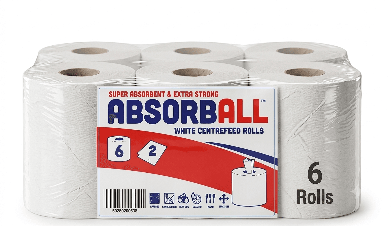 ABSORBALL tissue rolls label, detailed icons for count, ply, and usage.