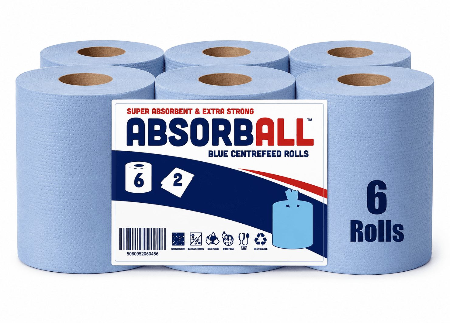 ABSORBALL Blue tissue rolls label, detailed icons for count, ply, and usage.