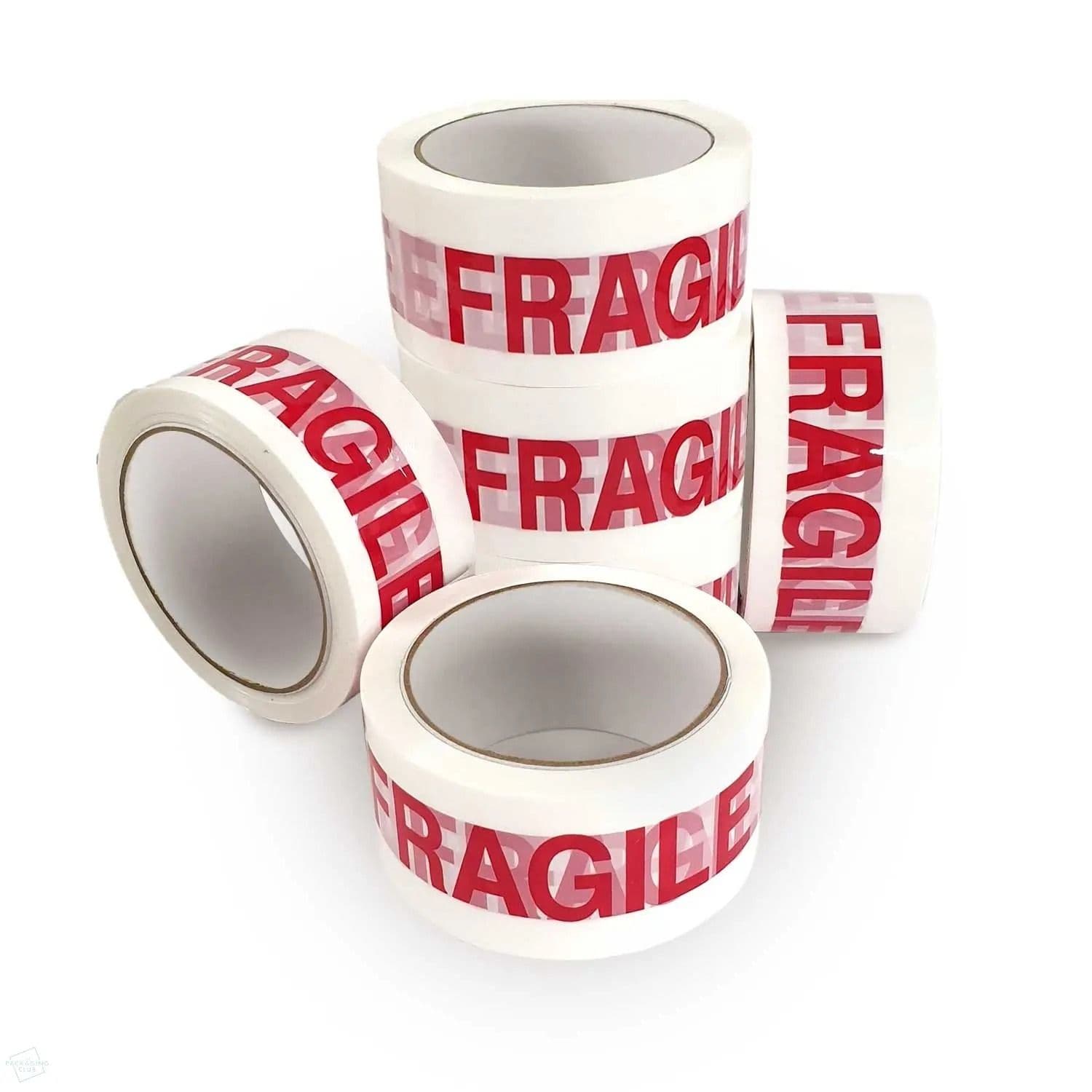 Roll of white fragile packing tape with bold red 'Fragile' text for shipping breakable items UK