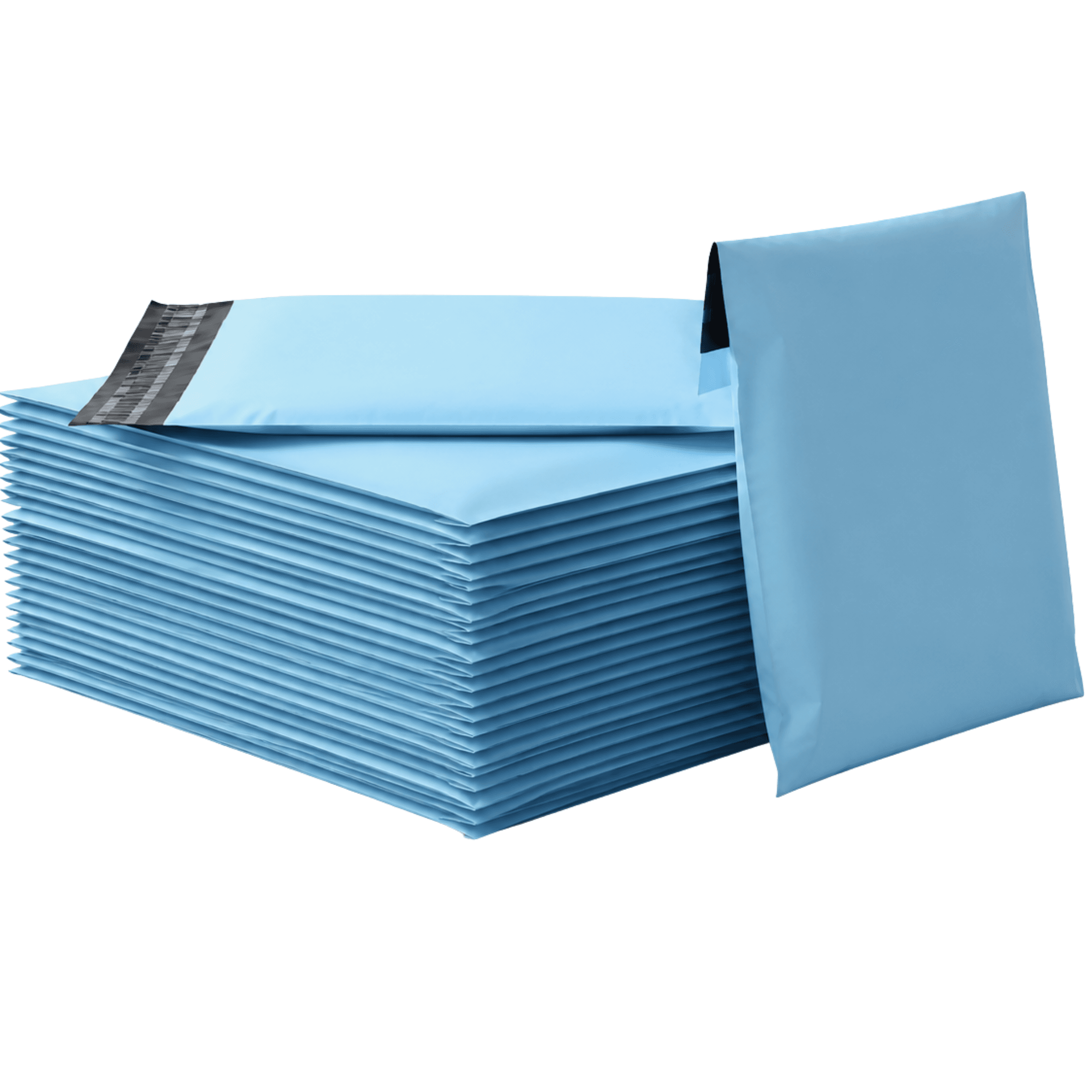 Baby Blue Mailing Bags A stack of baby blue polythene mailing bags.