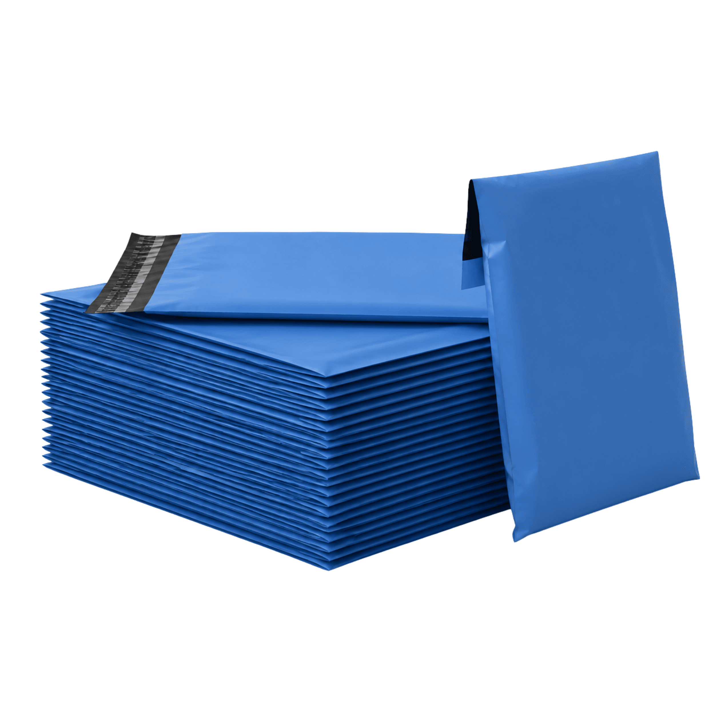 Metallic Blue Mailing Bags A stack of metallic blue polythene mailing bags.