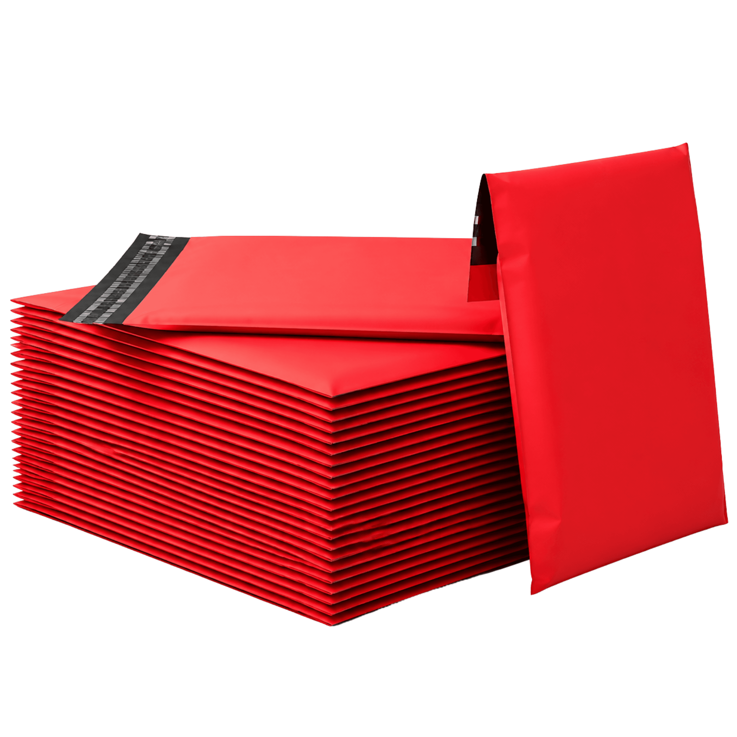 A stack of red polythene mailing bags.