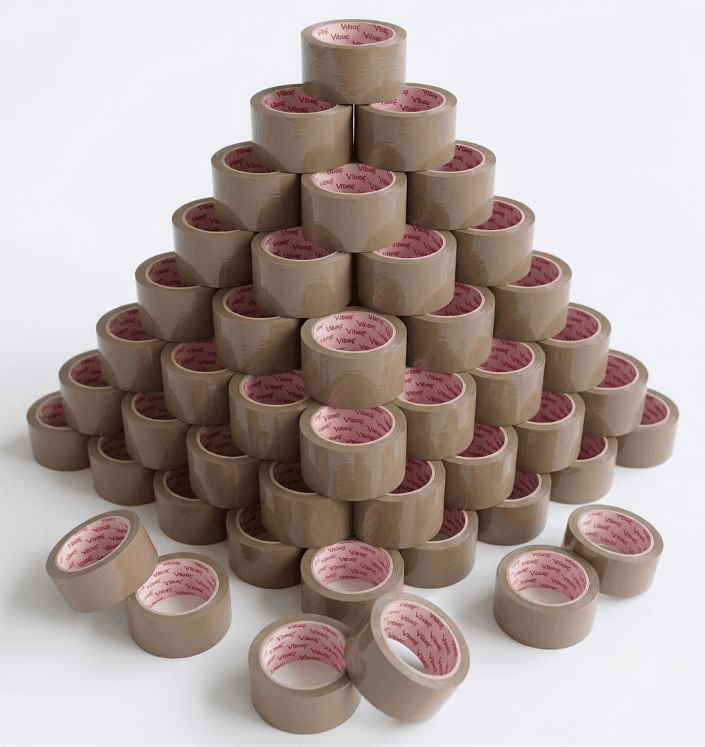Box of 36 rolls of Vibac brown packing tape for industrial carton sealing and shipping UK