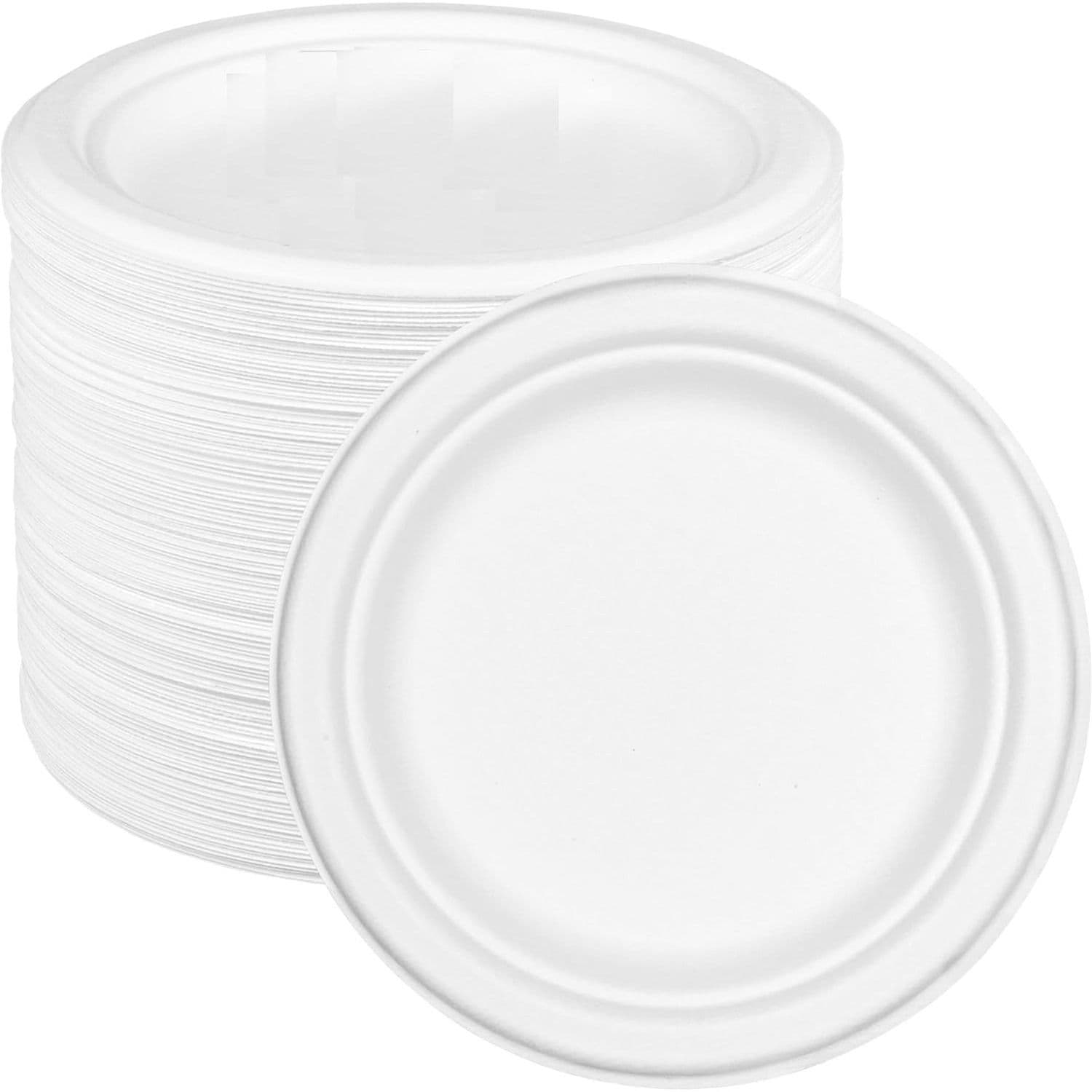 Stack of 10 inch white bio-degradable bagasse plates in a 100 piece bulk pack WP3222