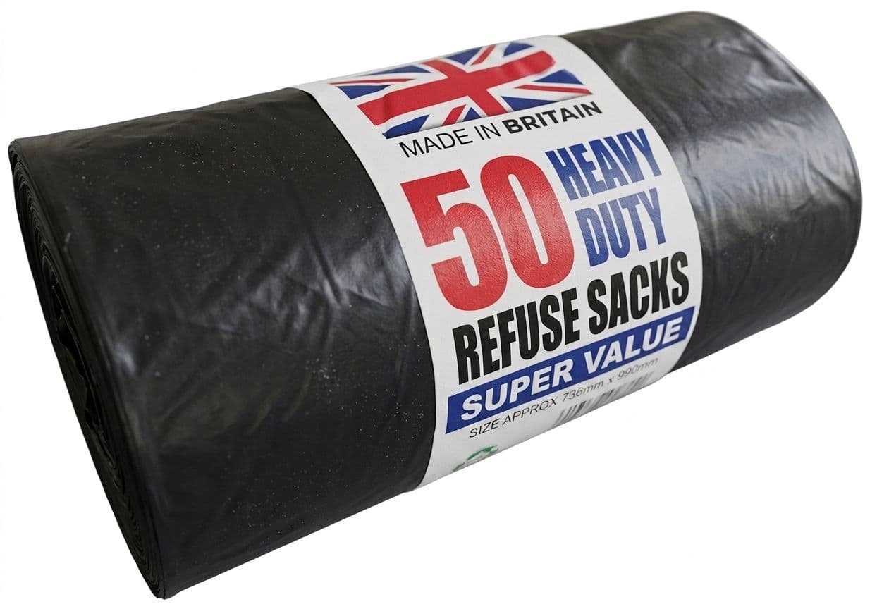 1 Roll of heavy-duty black refuse sacks 50 bags wrapped in a paper label against a white background. The label has a Union Jack flag on top with the words "MADE IN BRITAIN." Below that, it reads "50 HEAVY DUTY REFUSE SACKS" in large red and blue font, followed by "SUPER VALUE" in a blue bar and the approximate size "736mm x 990mm" at the very bottom.