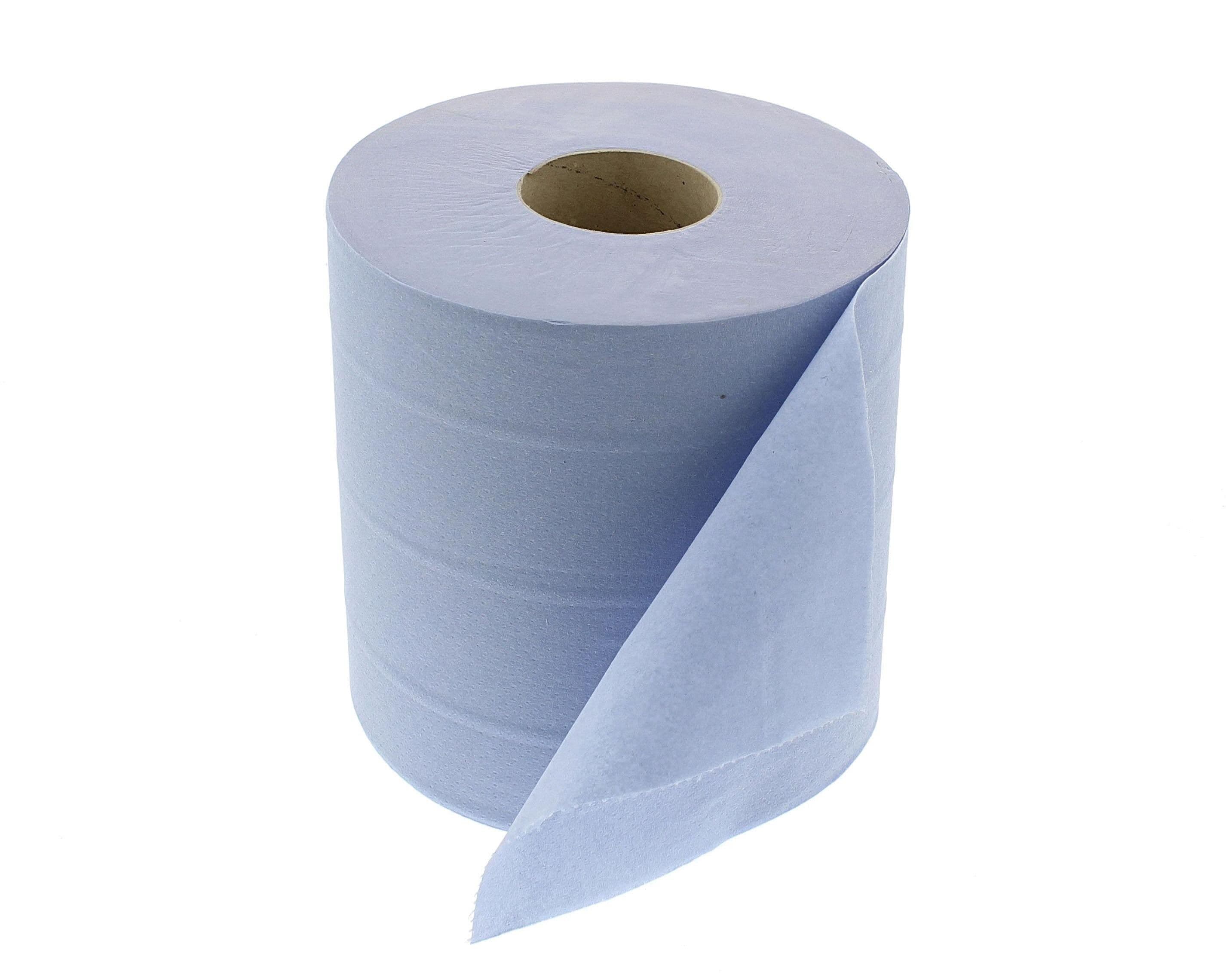 Bulk pack of blue 2-ply centrefeed rolls for industrial cleaning and kitchen hygiene UK